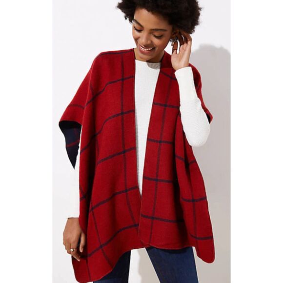 LOFT Reversible Plaid Poncho Wrap Red Blue Fringed Hem Size XS/S - Picture 1 of 6